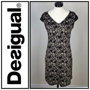 Desigual Heart Print Knit Dress – Black & Beige – Estimated Size S (No Tag)